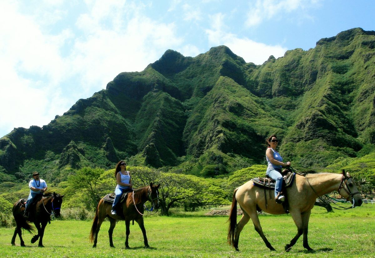 kualoa_horses2(1) People relaxing on a beach on Honolulu with the city in the background