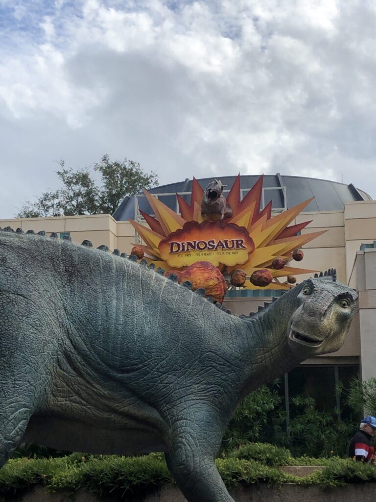 Dinosaur statue in front of the DINOSAUR attraction in DinoLand U.S.A. at Disney's Animal Kingdom