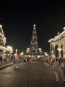 Christmas tree and lights at the end of Main Street USA in Walt Disney World Resort's Magic Kingdom