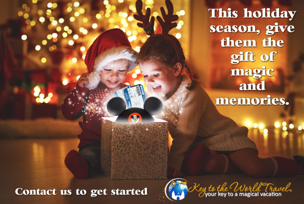 Two children in front of Christmas tree unwrapping a present containing a Mickey ears hat and airplane tickets. Text reads "This holiday season, give them the gift of magic and memories" in the top right. At bottom center, "Contact us to get started. Key to the World Travel, your key to a magical vacation"