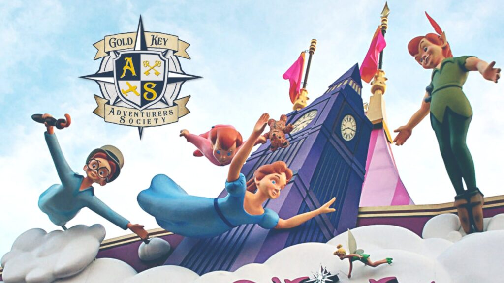 Peter Pan, Wendy, Tinkerbell flying in front of Big Ben from the facade of Peter Pan's Flight at Walt Disney World's Magic Kingdom, with the logo for The Gold Key Adventurers Society podcast in the upper left.