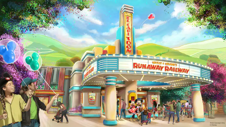 Concept art of entrance to Mickey and Minnie's Runaway Railway attraction at Disneyland Park's Mickey's Toontown