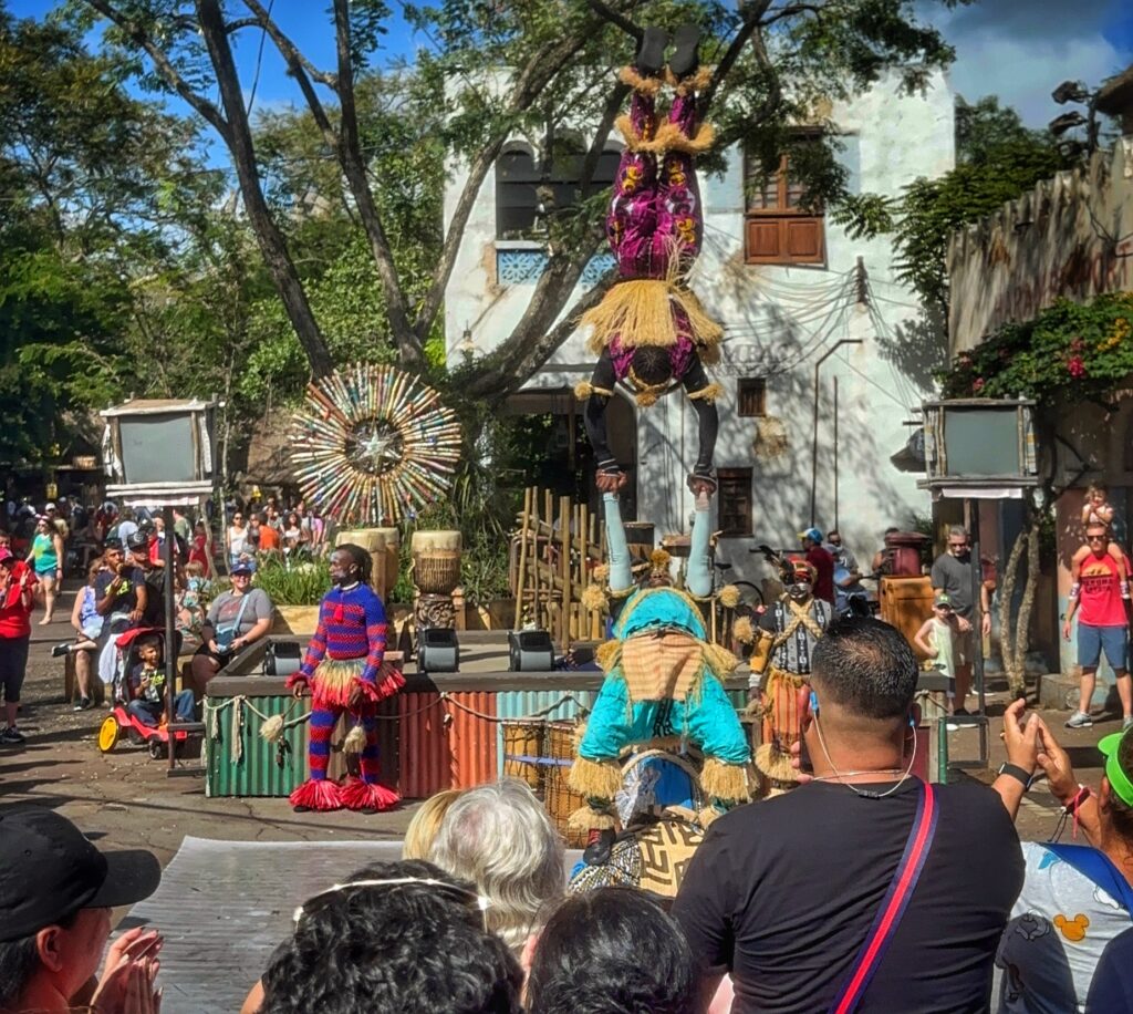 Acrobats performing in the Africa area of Disney's Animal Kingdom park
