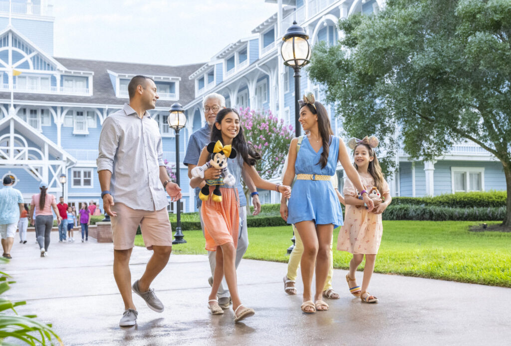 Family walking at Walt Disney World hotel