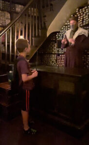 Boy talking to wizard at wand shop, Diagon Alley, Universal Studios Orlando