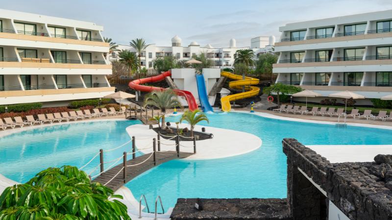 View of the pool and watr slides at Dreams Lanzarote resort
