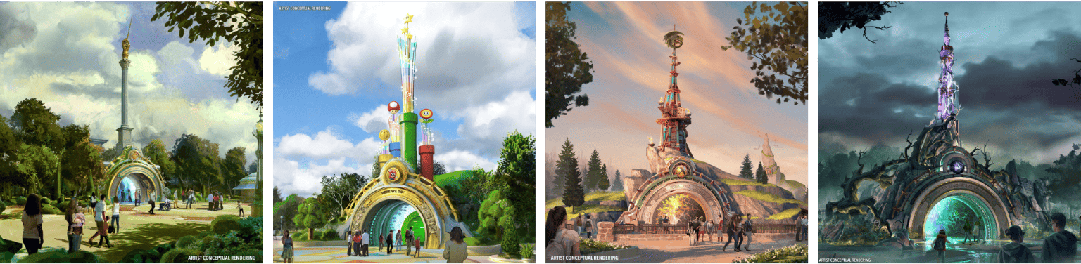 Portals to the 5 lands at Universal Orlando's Epic Universe